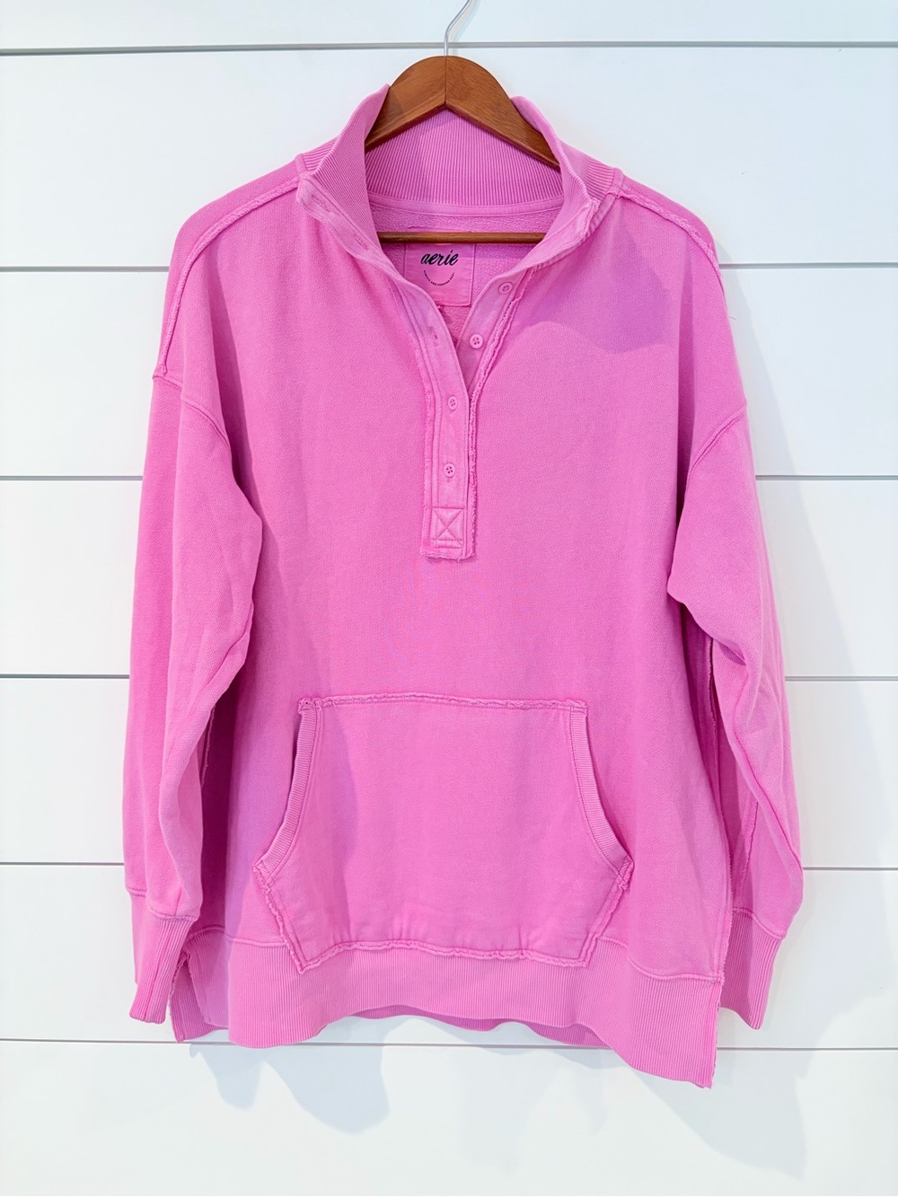 NWT Aerie Pink Oversized Henley Sweatshirt M Coquette Athleisure Soft Girl